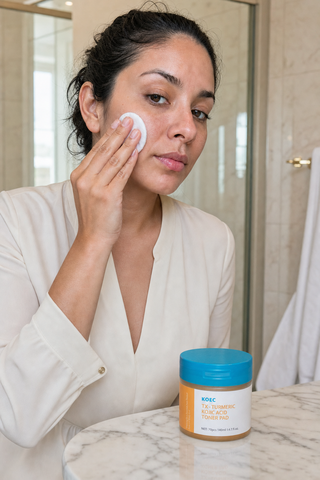 Modelo aplicando un pad facial con el producto visible sobre el mesón