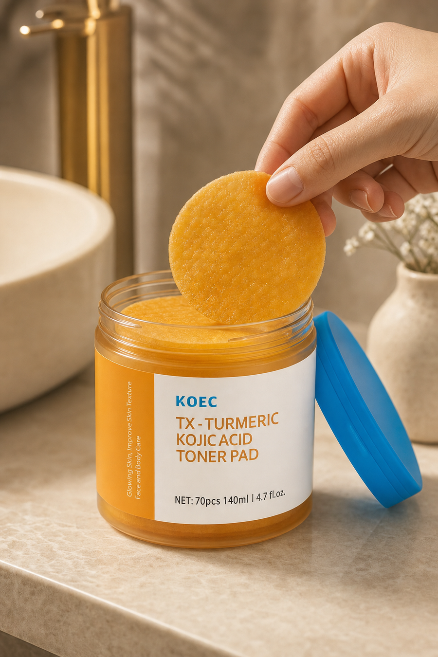 Pad naranja de cúrcuma siendo tomado del envase sobre mesón de baño