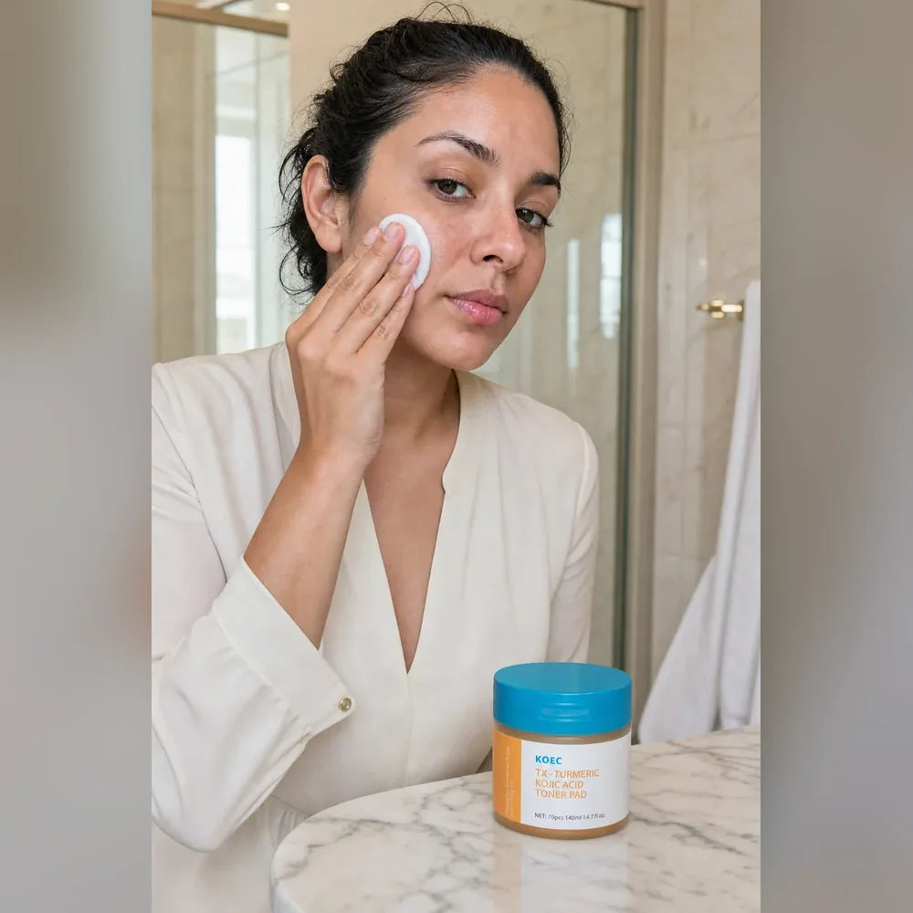 Modelo aplicando un pad facial con el producto KOEC visible